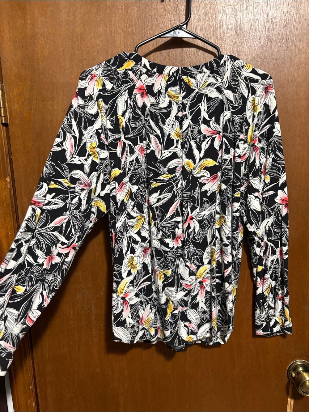 Christopher & Banks Navy Floral Scoop Neck Blouse with Pink Accents